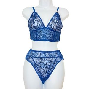 NWT Victoria’s Secret Blue Zebra Mesh Print Bralette & High Waist Panty Set